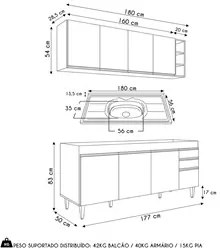 Armário de Cozinha Nevada e Balcão Gabinete 180cm Com Pia Dallas Cinza