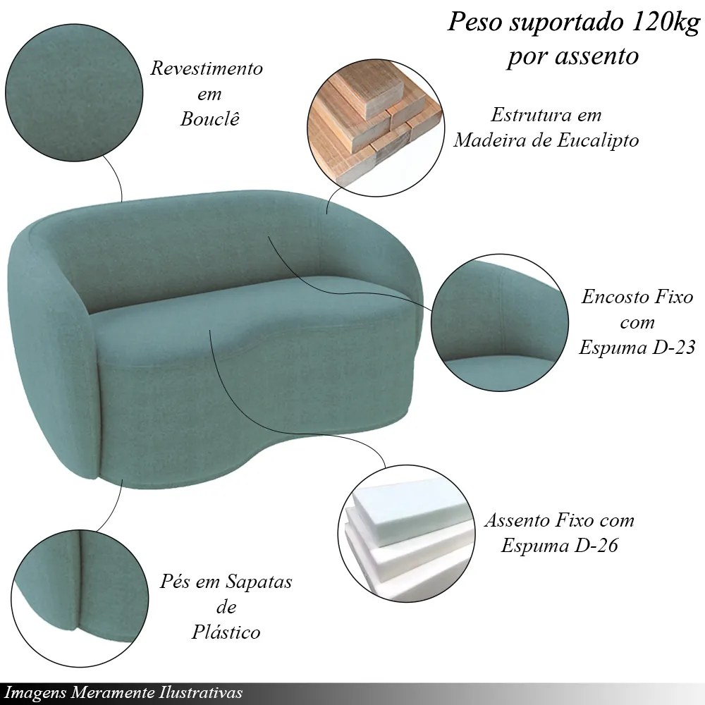 Sofá Living Decorativo 180cm 2 Lugares Íbis Encosto Fixo Bouclê Azul G33 - Gran Belo