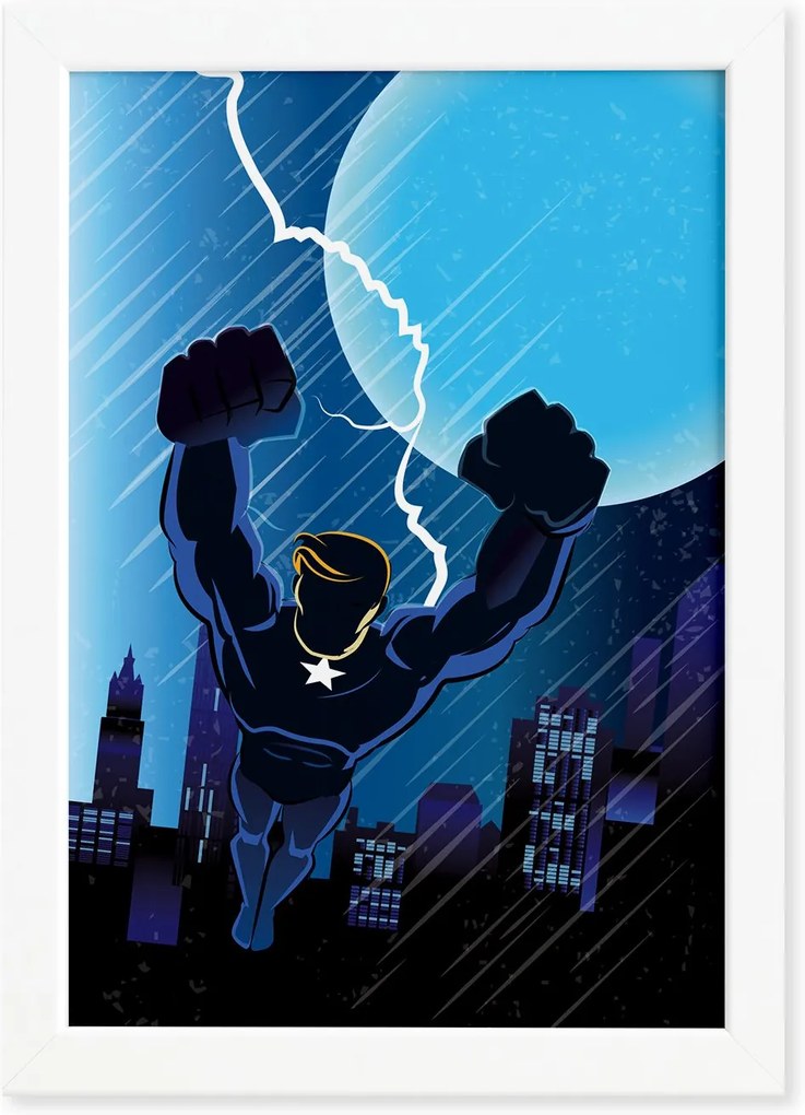 Quadro Super Heróis Geek Azul Raio Moldura Branca 33x43cm