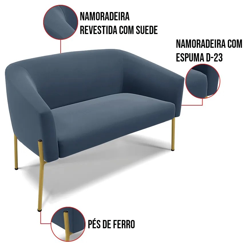 Sofá 2 Lugares Namoradeira Pé de Ferro Dourado Stella Suede D03 - D'Rossi - Azul Marinho