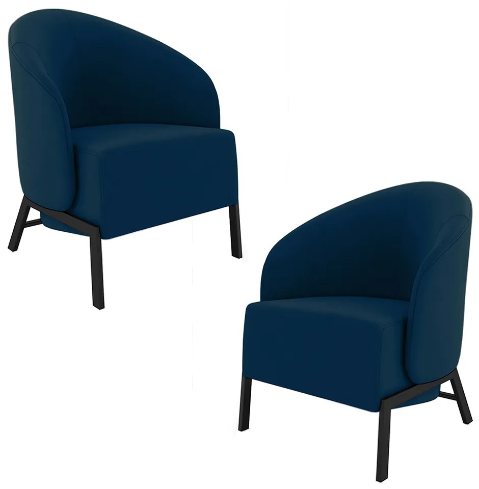 Kit 2 Poltronas Decorativa Sala de Estar Kenya Pés em Ferro Veludo Preto/Azul G33 - Gran Belo