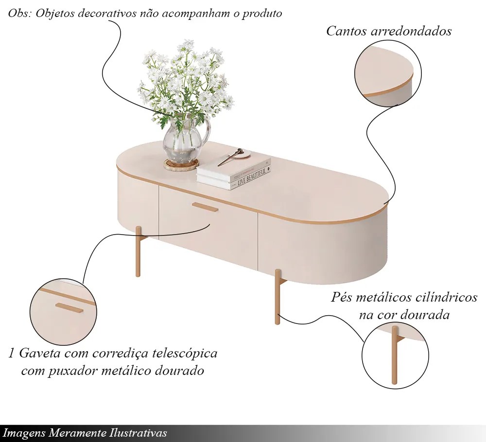 Conjunto Aparador Decorativo Amanda 1 Gaveta e Mesa de Centro Bento 1 Gaveta Pés Metálicos Dourados Off White G18 - Gran Belo