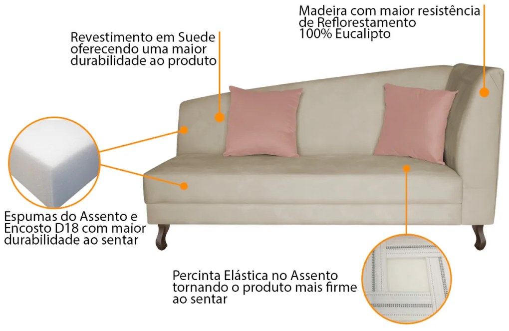 Divã Recamier Heitor 185cm com Almofada Lado Esquerdo Suede - ADJ Decor