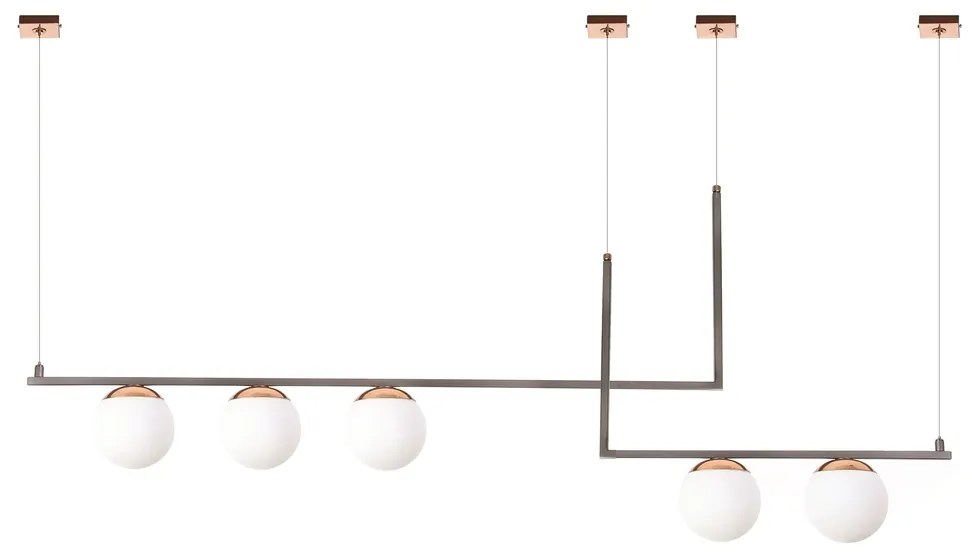 Pendente Retangular 130X15X57Cm Metal E Vidro 5 X G9 Globo Ø12Cm | Old... (CAFÉ / COBRE BRILHO, FOSCO)