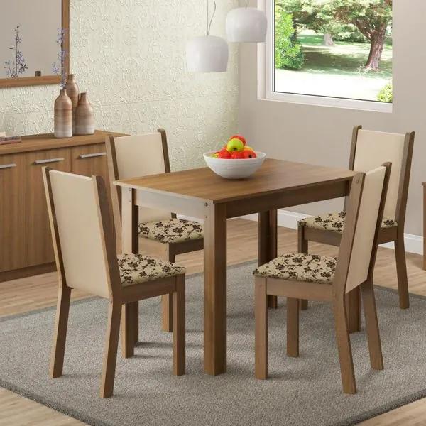 Sala de Jantar Cíntia Mesa com 4 Cadeiras - Rústico/ Crema/ Floral