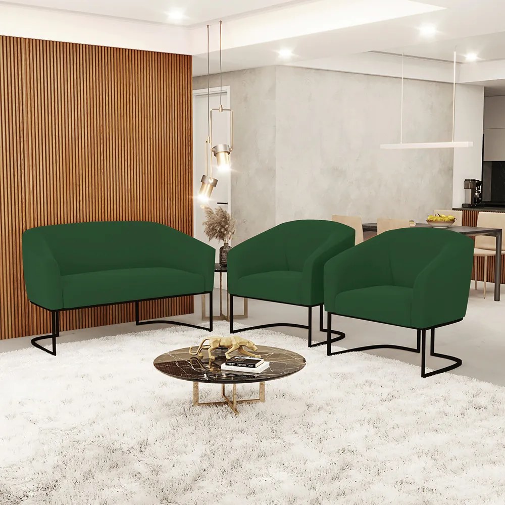 Namoradeira e 2 Poltronas Industrial Preto Stella Veludo Verde D03 - D'Rossi