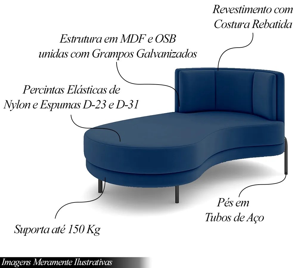 Sofá Chaise Lado Esquerdo Downey Sala de Estar Veludo Azul G15 - Gran Belo