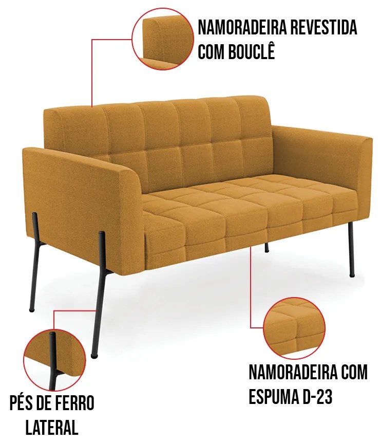 Namoradeira e 2 Poltronas Pé de Ferro Pto Elisa Bouclê Mostarda D03 - D'Rossi