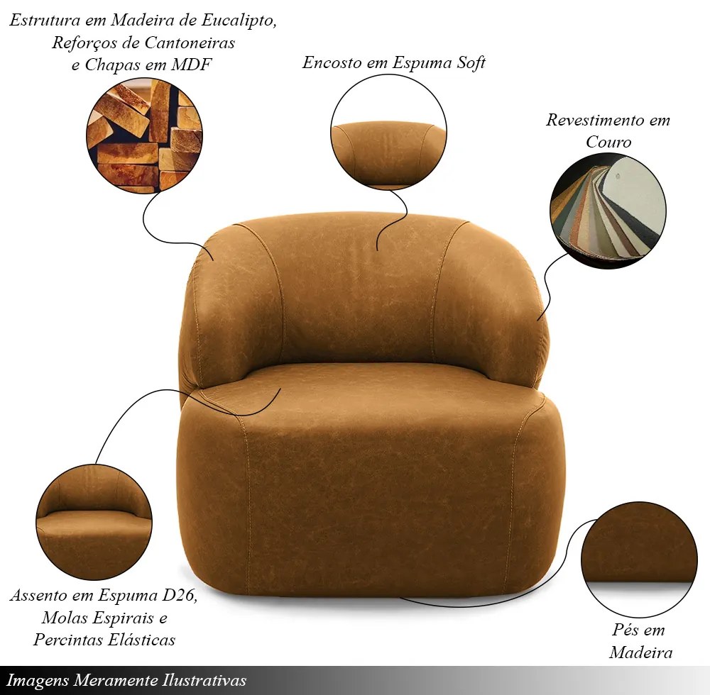 Kit 2 Poltronas Decorativas Charlote Sala de Estar Base Fixa Couro Caramelo Manchado G88 - Gran Belo