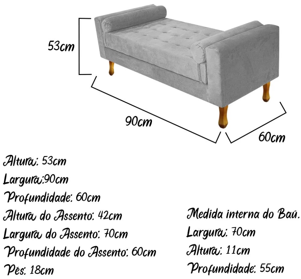 Recamier Baú Félix Solteiro 90cm Suede Cinza - ADJ Decor