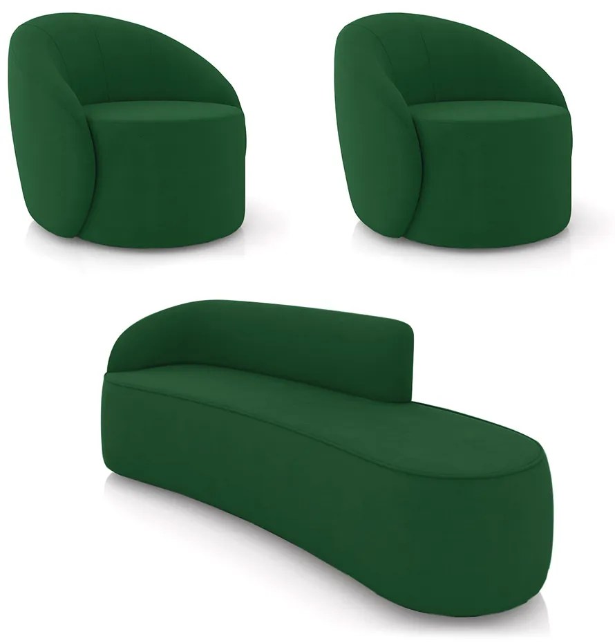 Sofá 4 Lugares Orgânico 220cm Morgan e 2 Poltronas Lua Suede Verde D03 - D'Rossi