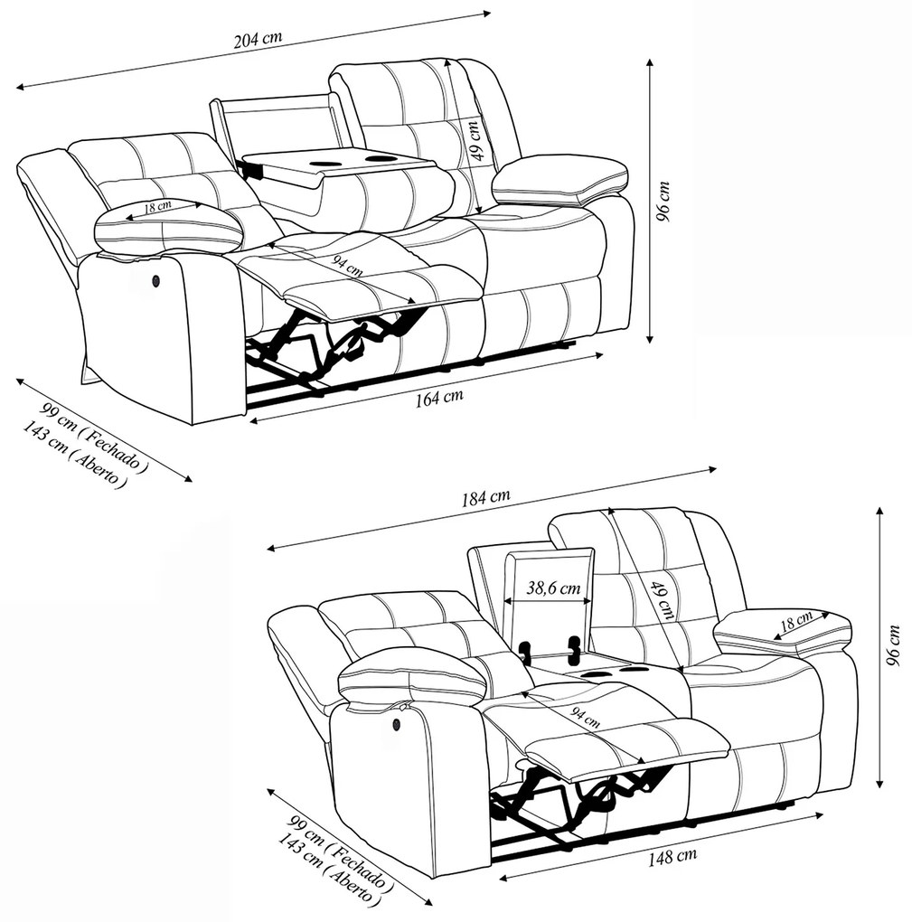 Conjunto Poltronas Sala de Cinema 2 e 3 Lugares Hollywood com Massagem/Aquecimento Elétrica PU Preto G31 - Gran Belo