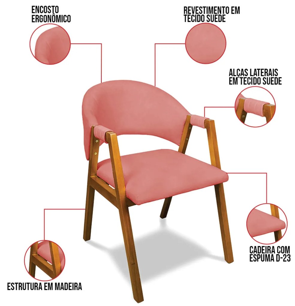 Cadeira Sala de Jantar Em Madeira kit 4 Yara Suede Rosê D03 - D'Rossi