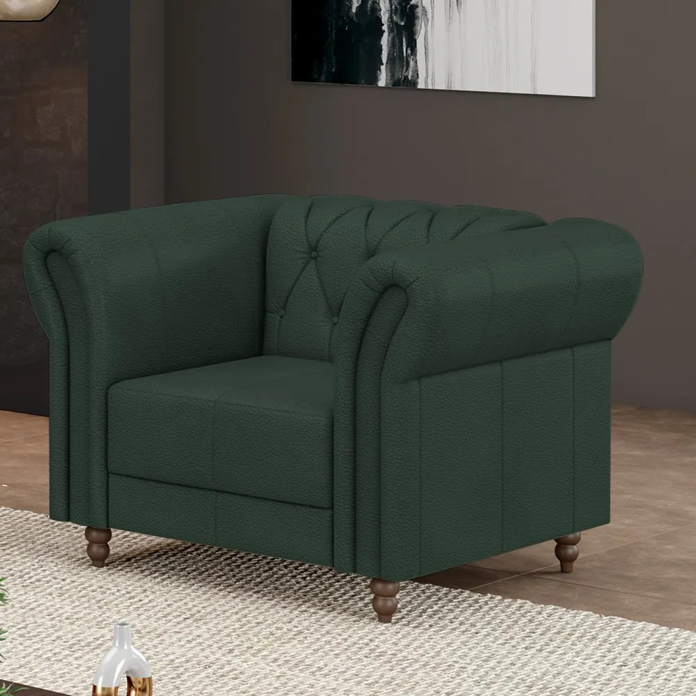 Poltrona Decorativa Sala de Estar Stanford Chesterfield Pés de Madeira Couro Verde G58 - Gran Belo