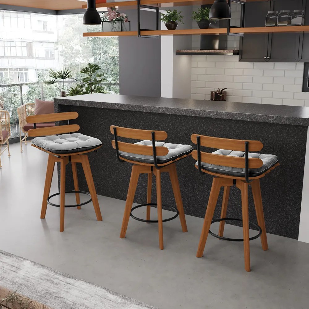 Kit 02 Banquetas Giratória Costela Suede Cinza Base Madeira MA70 - DRossi