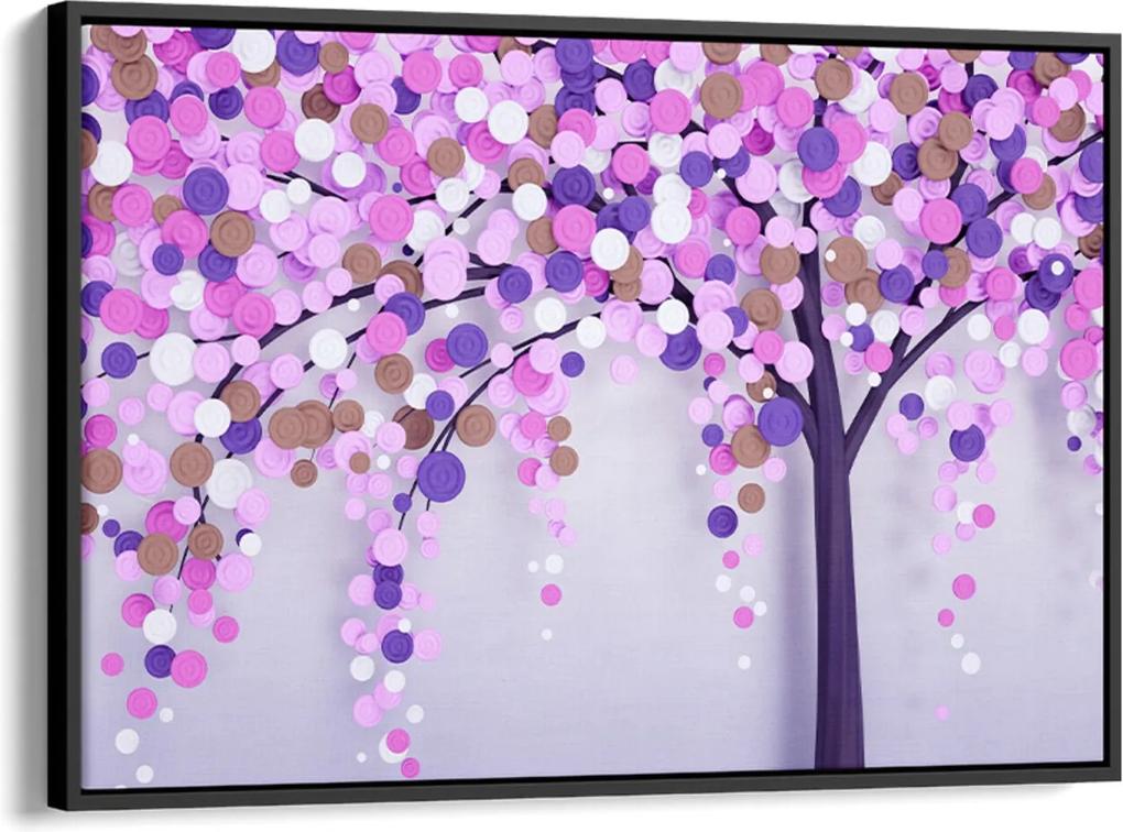Quadro 60x90cm Abstrato Árvore com Pétalas Rosa e Lilás Canvas Moldura Flutuante Preta