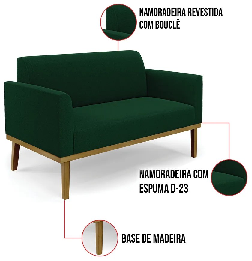 Namoradeira e Poltrona Base Madeira Castanho Marisa Bouclê Verde D03 - D'Rossi