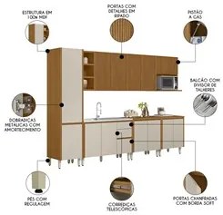 Cozinha Modulada 7 Peças Balcão Para Pia CP1 Pietá L06 Nature/Off Whit