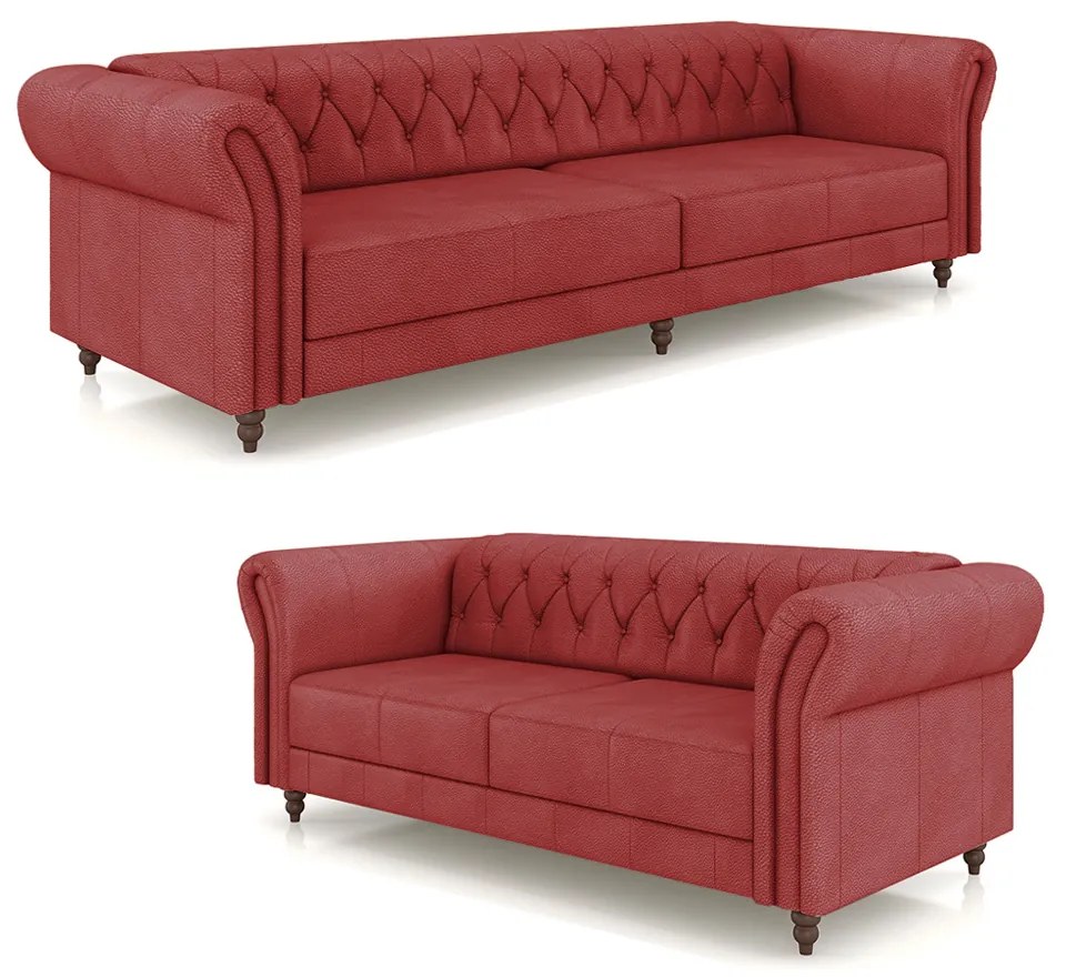 Conjunto de Sofá Sala de Estar Stanford Chesterfield 2 e 3 Lugares 200cm/260cm Pés Madeira Couro Vermelho G58 - Gran Belo