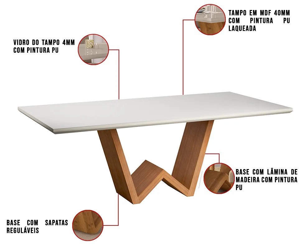 Mesa de Jantar Retangular Valentina 220x110 cm Off White com Base de Madeira Cinamomo - D'Rossi