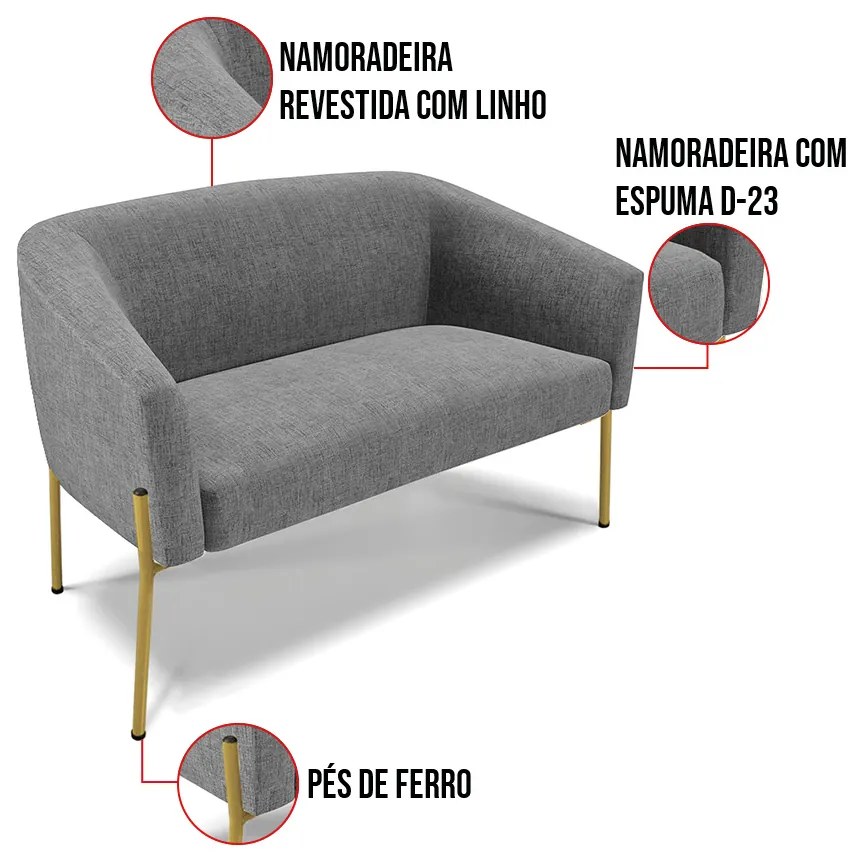 Sofá 2 Lugares Namoradeira Pé de Ferro Dourado Stella Linho D03 - D'Rossi - A26 Grafite