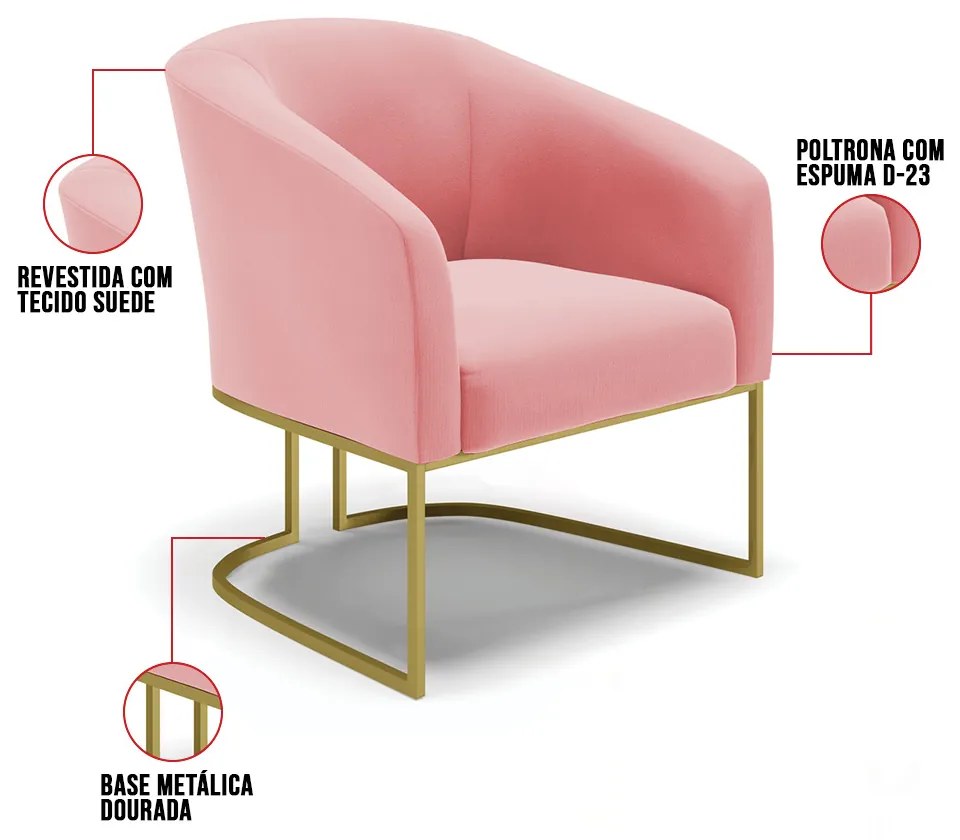 Cadeira Sala de Jantar Base Industrial Dourado Kit 2 Stella Suede D03 - D'Rossi - Rose