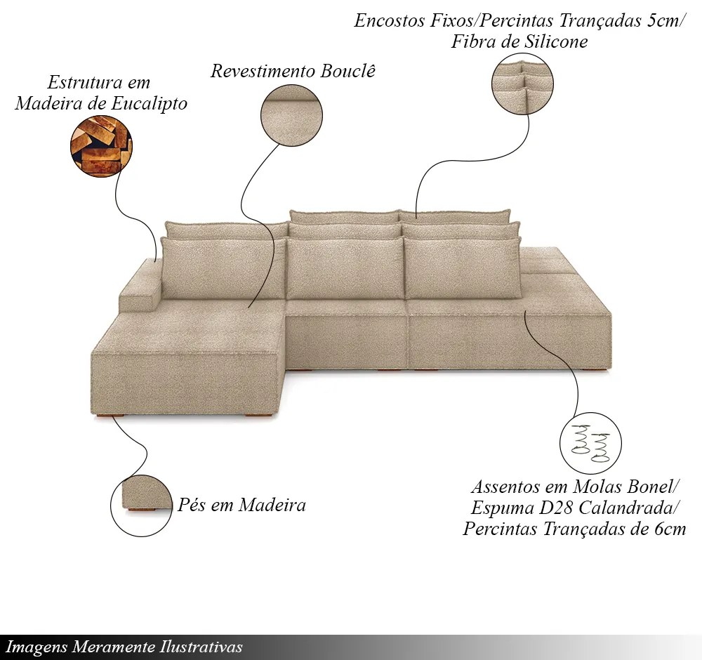 Sofá Ilha com Encosto e Almofadas Delta 375cm Modulado Chaise e Puffs Bouclê Bege Escuro G52 - Gran Belo