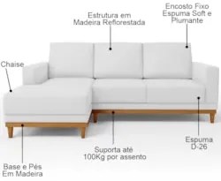 Sofá 3 Lugares 200cm Living Com Chaise Sala de Estar Kayrós D05 Sintét