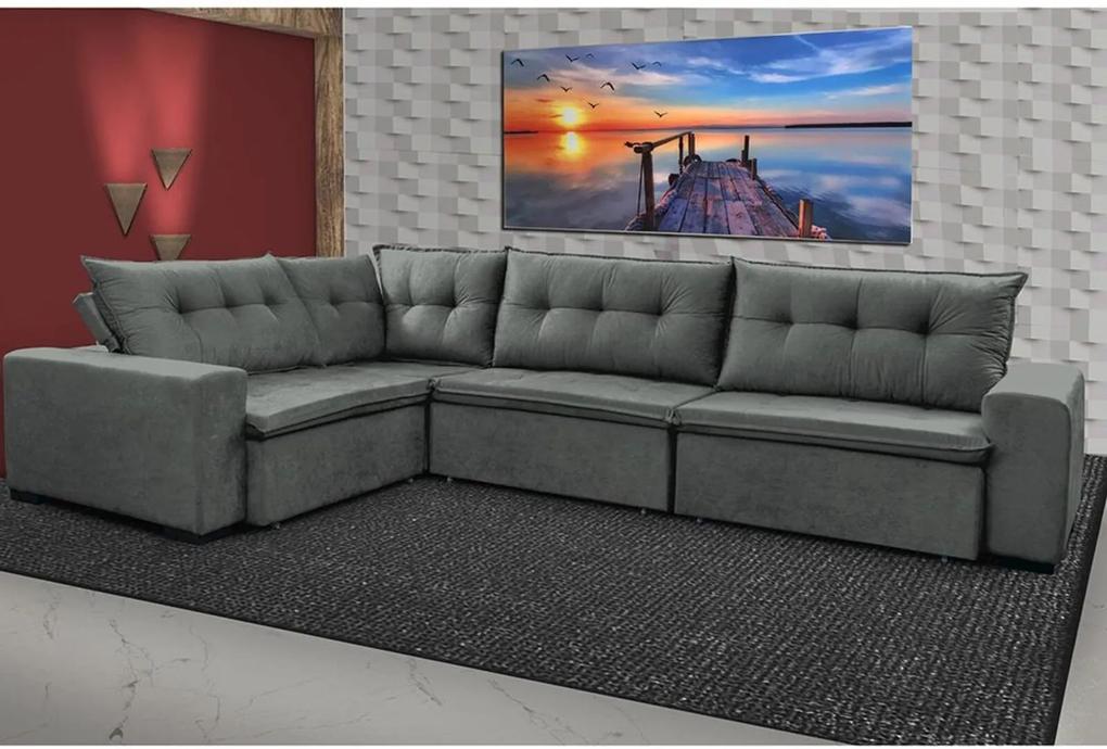 Sofa de Canto Retrátil e Reclinável com Molas Cama inBox Oklahoma 3,85X2,61 ou 2,61X3,85 Cinza