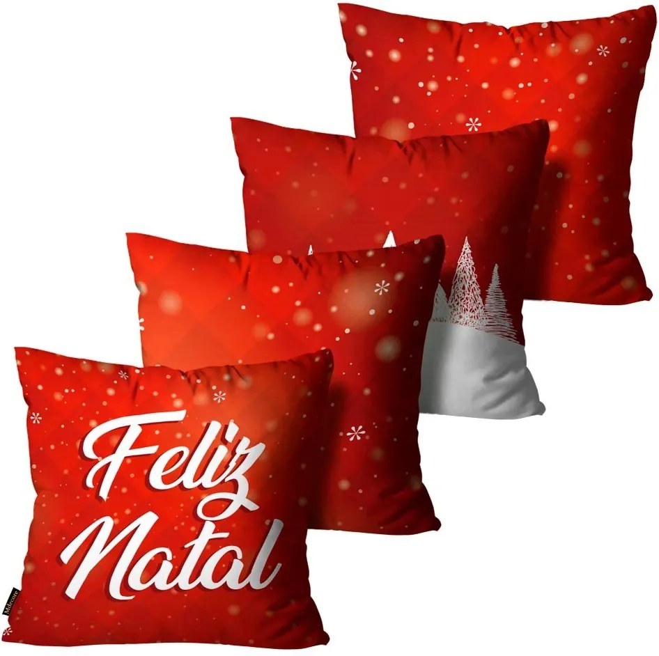 Kit com 4 Capas para Almofadas Premium Cetim Mdecore Natal Feliz Natal Vermelha45x45cm