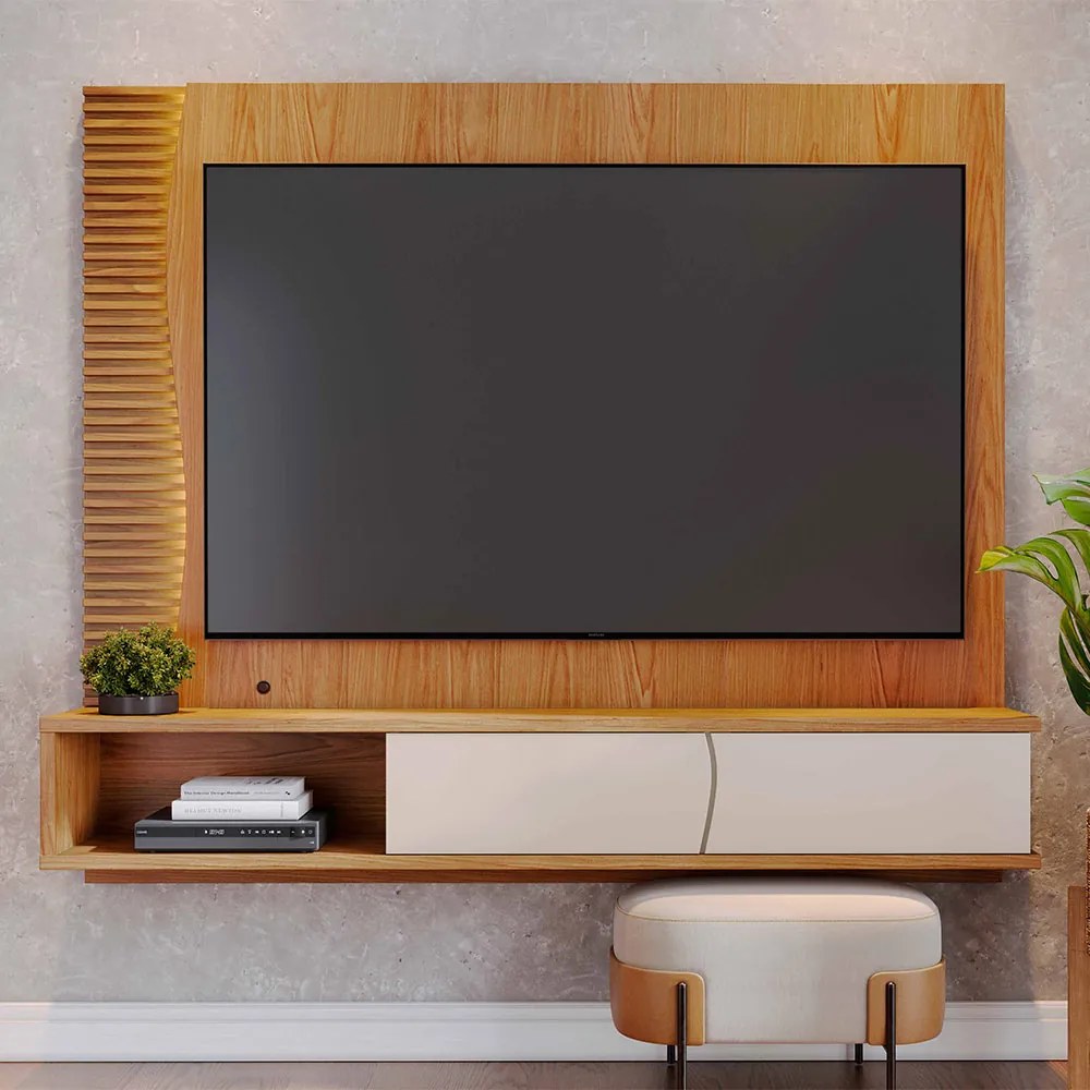 Painel TV 65 Pol 180cm Bancada Suspensa Ripado Manacá C04 - D'Rossi - Freijó e Off White Matte