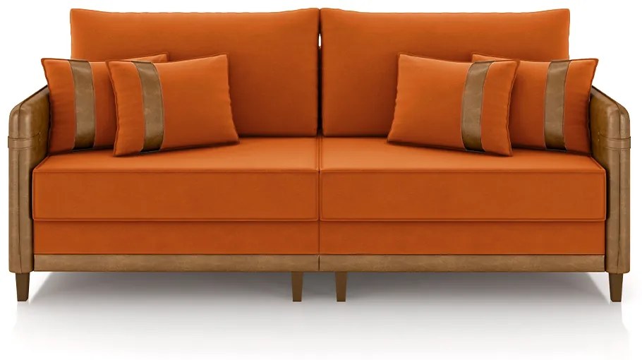 Sofá Living Montecarlo 3 Lugares Bipartido 252cm Pés em Madeira Veludo/PU Terracota/Caramelo G33 - Gran Belo