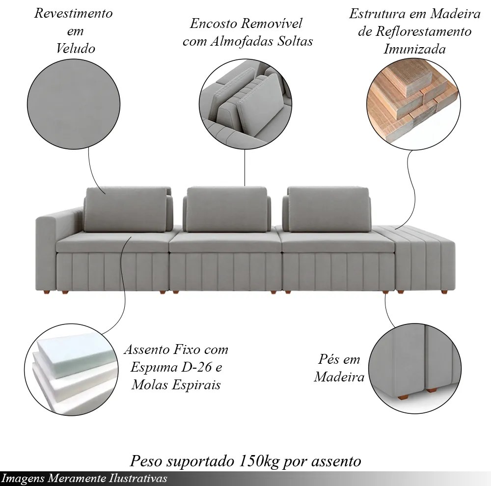 Sofá Ilha com Encosto e Almofadas Móveis Olimpo 335cm Modulado Veludo Cinza G45 - Gran Belo