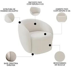 Sofá 3 Lugares Living 180cm e 1 Poltrona Giratória Garbin K04 Bouclê B