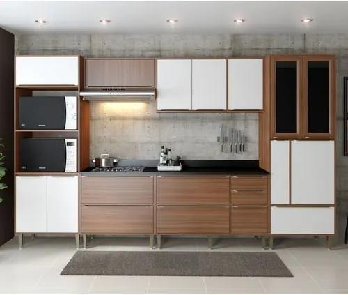 Cozinha Compacta Calábria Aéreos, Paneleiro, Balcões com Pés - Nogueira/ Branco