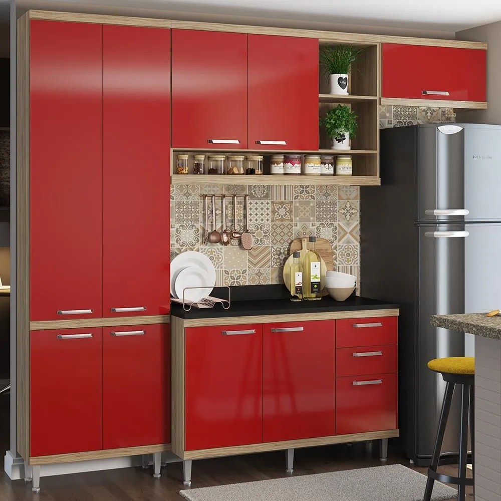 Cozinha Compacta 9 Portas Sicília Com Tampo 5841 Vermelho/Argila - Multimóveis