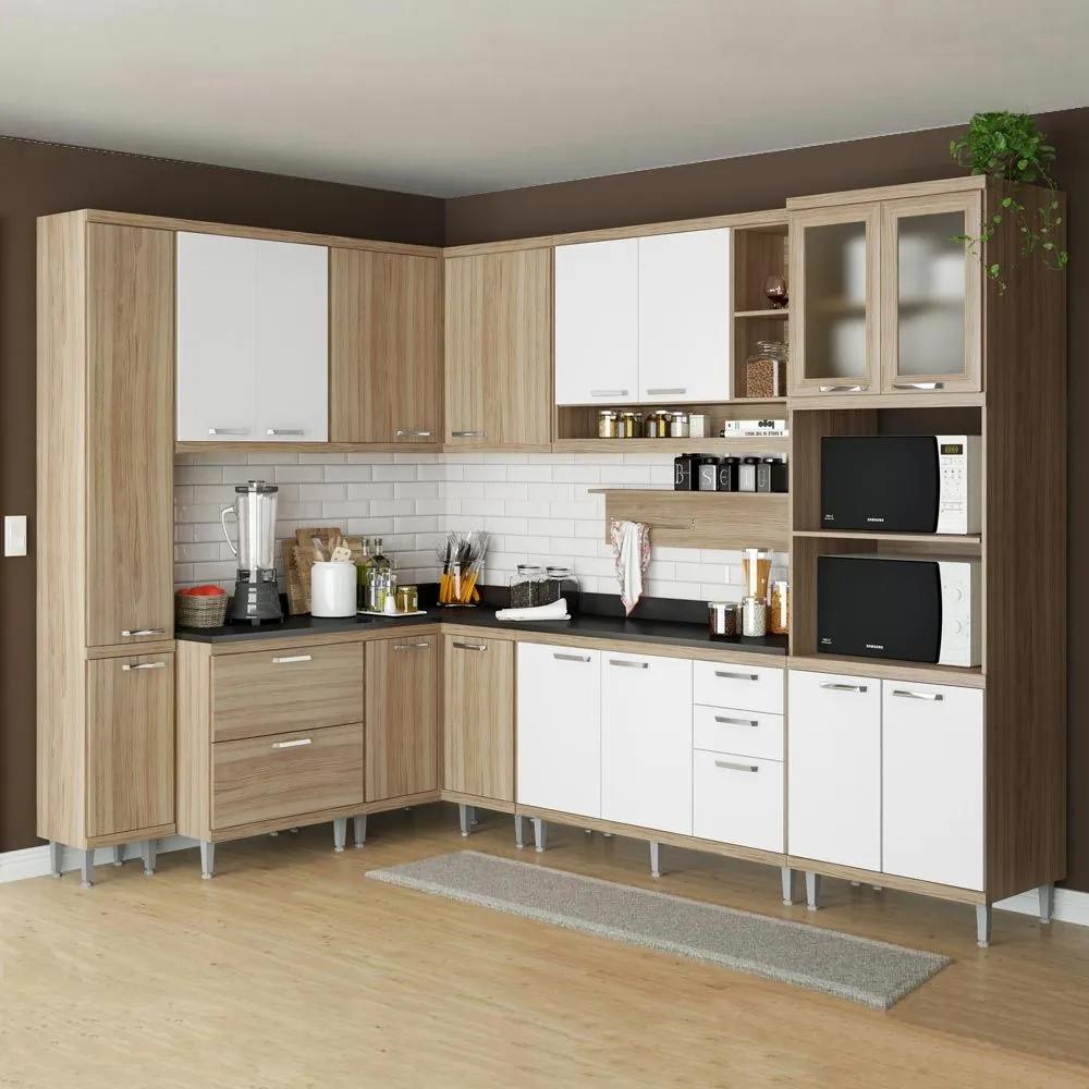 Cozinha Compacta 16 Portas C/ Tampo Pt e Vidro 5803 Branco/Argila - Multimóveis