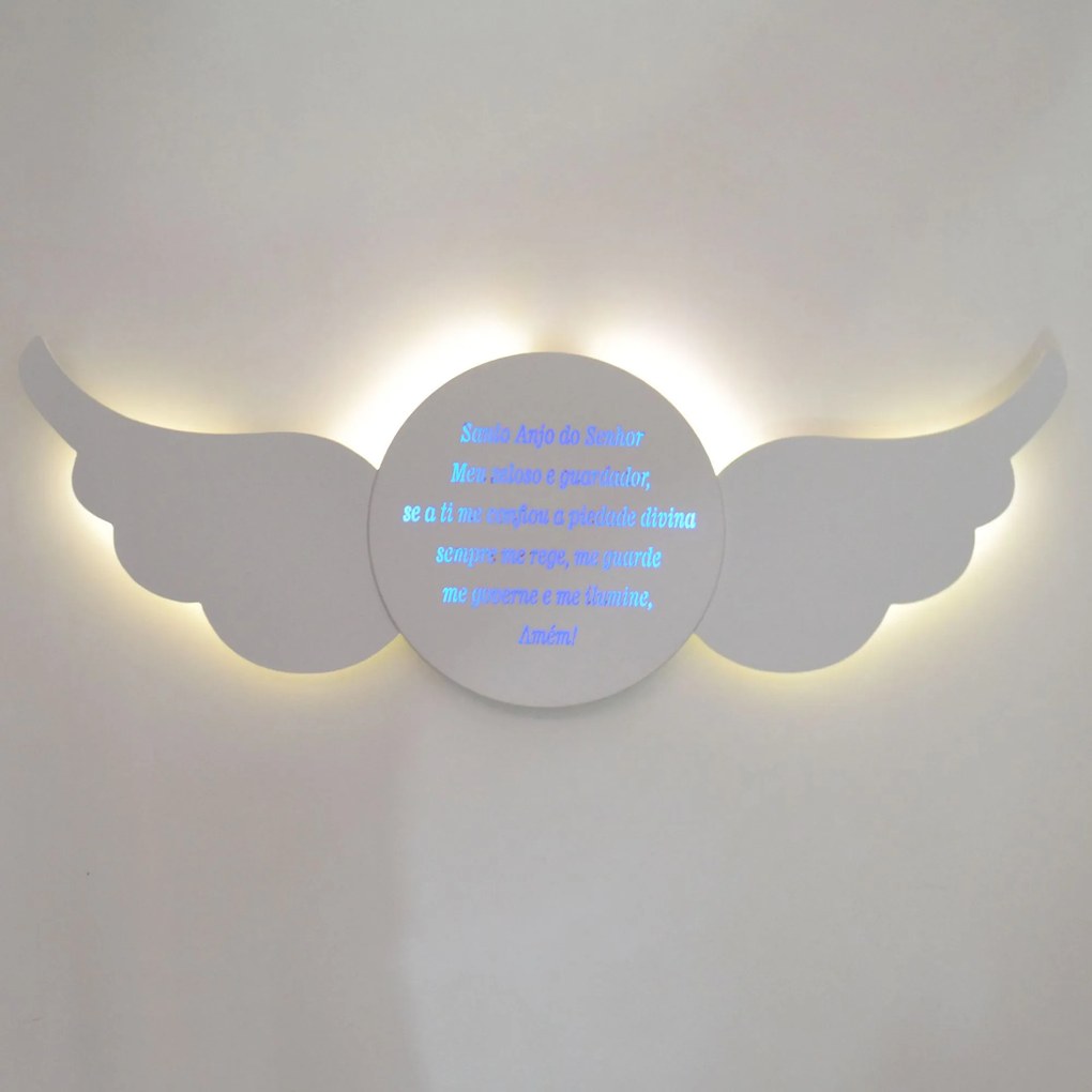 Oração Santo Anjo do Senhor de Asas Luminária MDF Branca com LED de Luz Quente e Azul