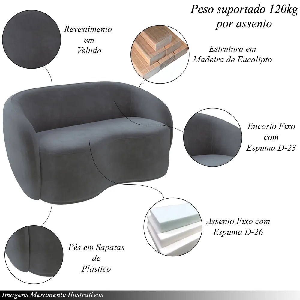 Sofá Living Decorativo 180cm 2 Lugares Íbis Encosto Fixo Veludo Grafite G33 - Gran Belo