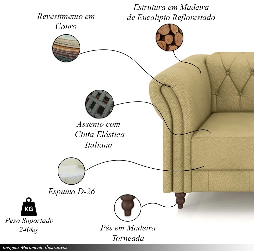 Sofá Living Sala de Estar Stanford Chesterfield 2 Lugares 200cm Pés de Madeira Couro Bege G58 - Gran Belo