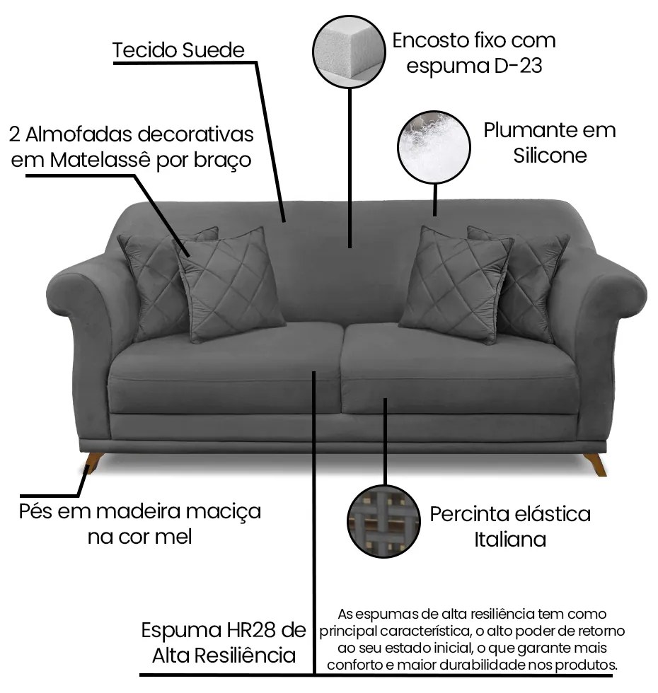 Sofá 3 Lugares Pé de Madeira Julieta 200 cm Suede S04 - D'Rossi - Cinza