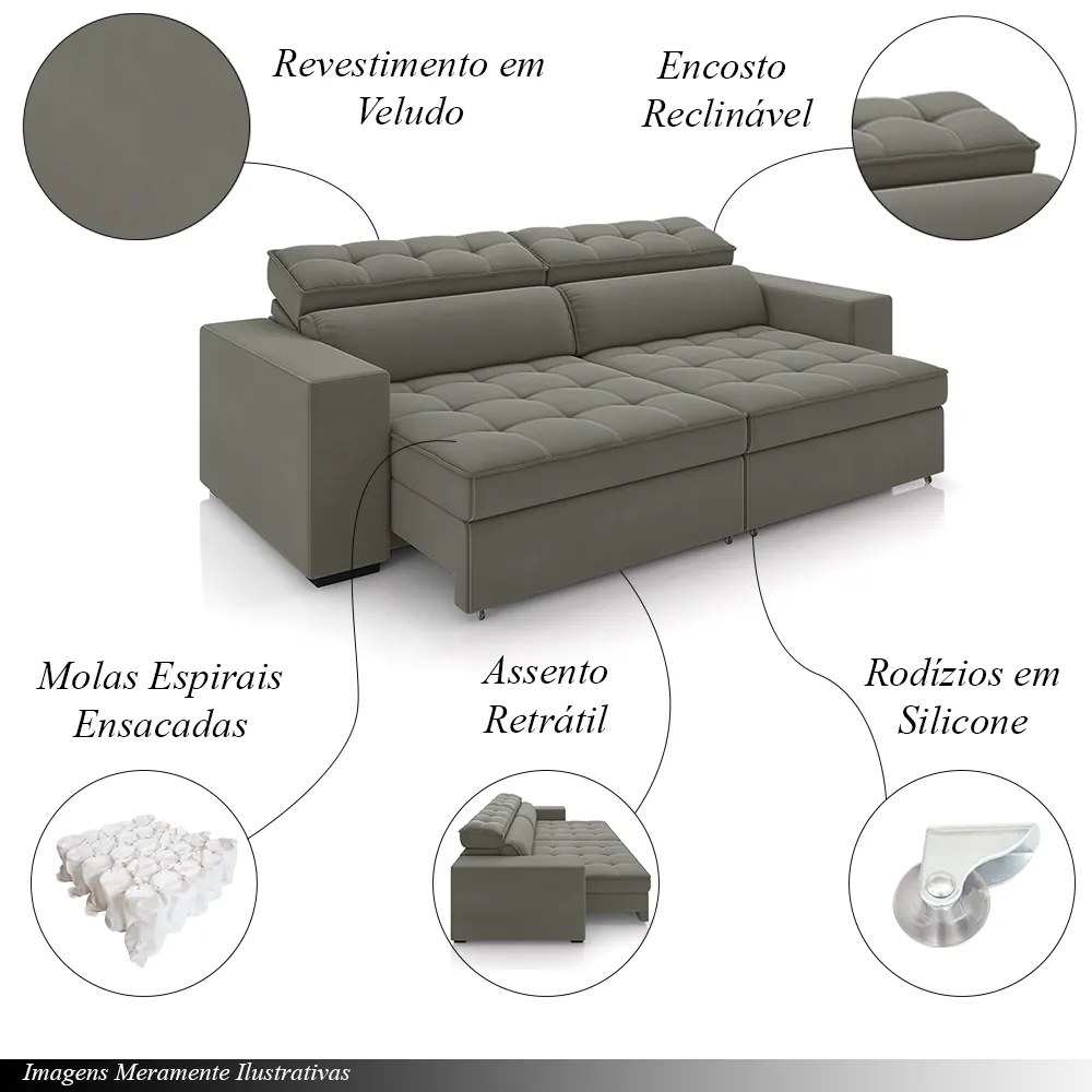 Sofá Decorativo Hugo 4 Lugares 300cm Reclinável e Retrátil Veludo Cinza G45 - Gran Belo