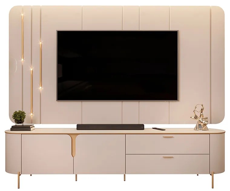 Painel com Bancada 241cm Avatar com Detalhes Dourados e LED para TV Até 75 Off White G18 - Gran Belo