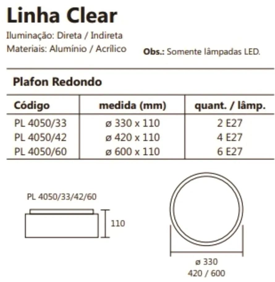 Plafon De Sobrepor Redondo Clear Ø33X11Cm 2Xe27 / Metal E Acrilico | U... (CB-M - Cobre Metálico)