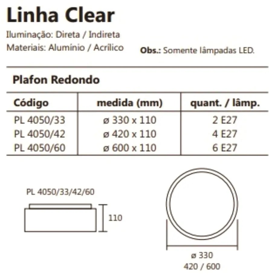 Plafon De Sobrepor Redondo Clear Ø33X11Cm 2Xe27 / Metal E Acrilico | U... (CB-V - Cobre Escovado)