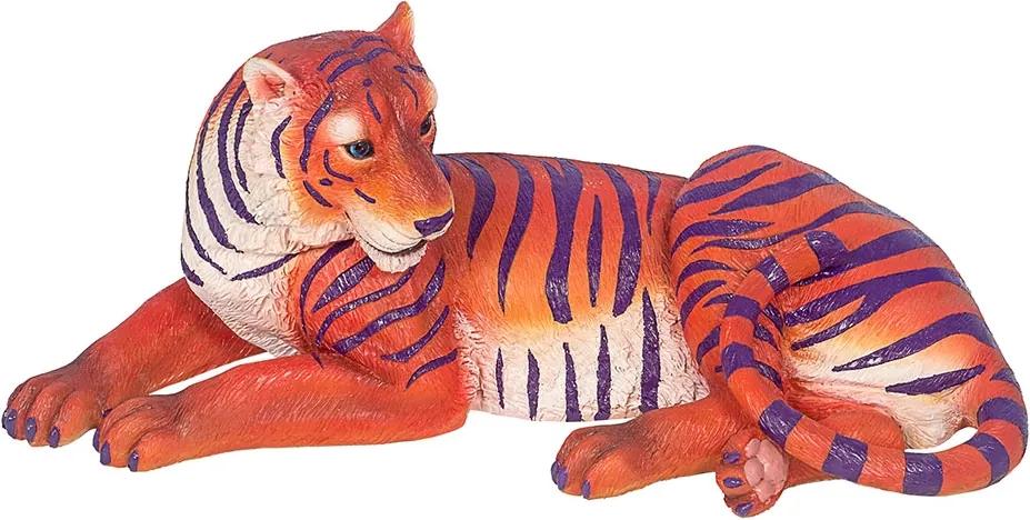 Tigre de Bengala Deitado de Resina Laranja e Roxo Fullway