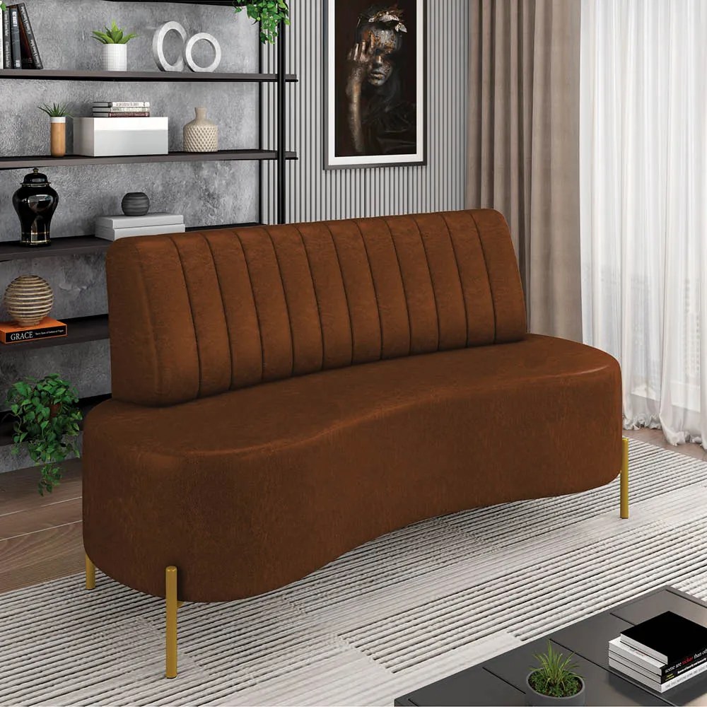 Sofá 2 Lugares Living 135cm Pé Ferro Dourado Maraú Sint PU K01 - D'Rossi - Marrom