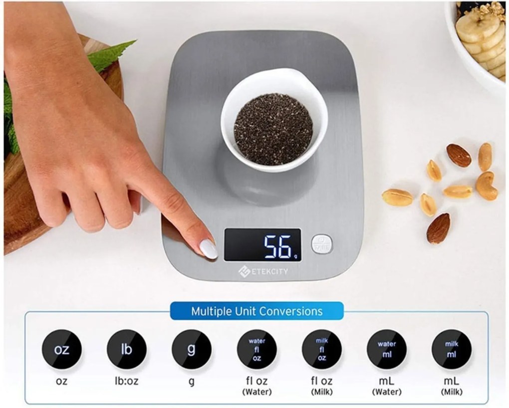 Balança ETEKCITY Digital de Cozinha em Aço inoxidável com capacidade até 5000g  Prata