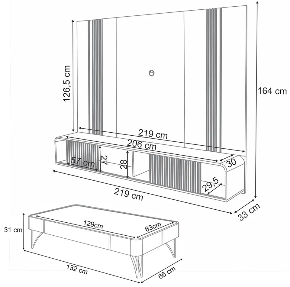 Conjunto Home Suspenso c/LED e Mesa de Centro Rennes MDF/MDP Off White/Castanho G26 - Gran Belo