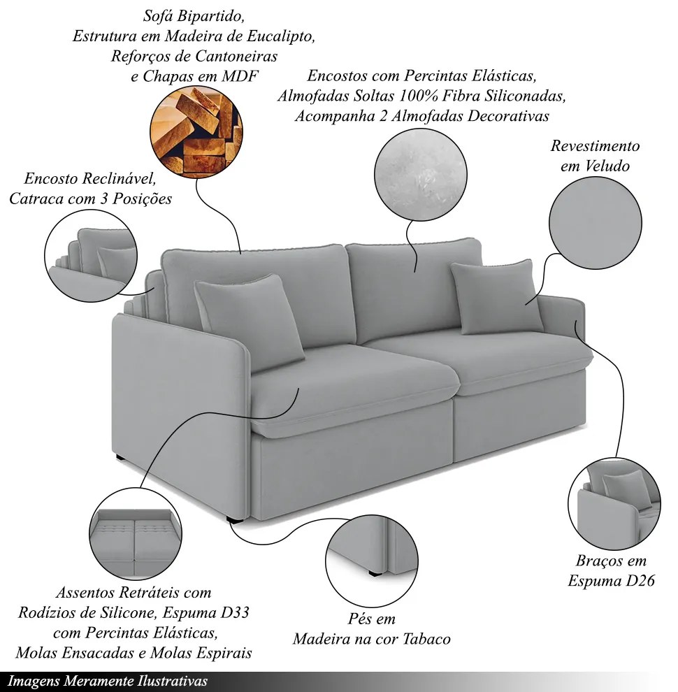 Sofá Reclinável e Retrátil Gandalf Bipartido 254cm Caixa Zero com Almofadas Veludo Cinza G33 - Gran Belo